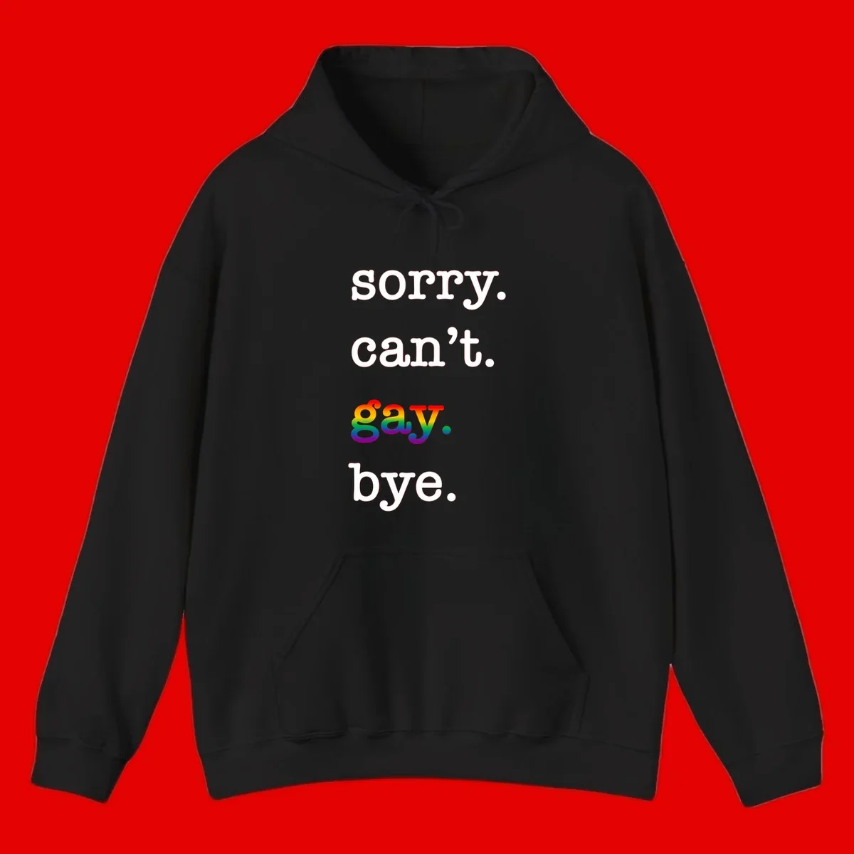 Gray background with white text reading 'Sorry can't say' and 'bye' with the word 'gay' in vibrant rainbow gradient colors, a playful pride celebration design.