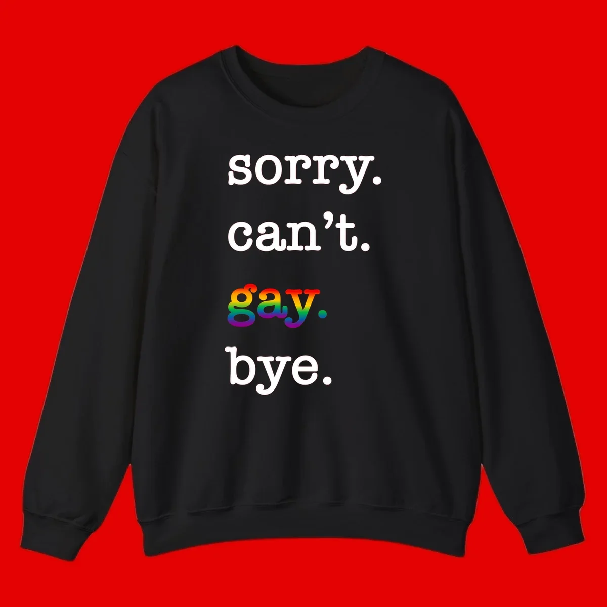 Gray background with white text reading 'Sorry can't say' and 'bye' with the word 'gay' in vibrant rainbow gradient colors, a playful pride celebration design.