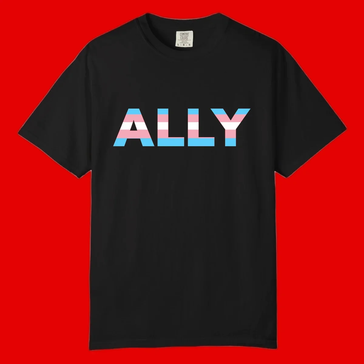 Trans pride flag colors in cyan, pink, and white horizontal stripes forming geometric letters spelling 'ALLY'