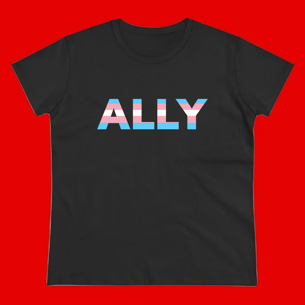 Trans pride flag colors in cyan, pink, and white horizontal stripes forming geometric letters spelling 'ALLY'