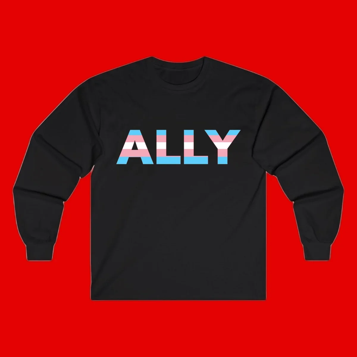 Trans pride flag colors in cyan, pink, and white horizontal stripes forming geometric letters spelling 'ALLY'