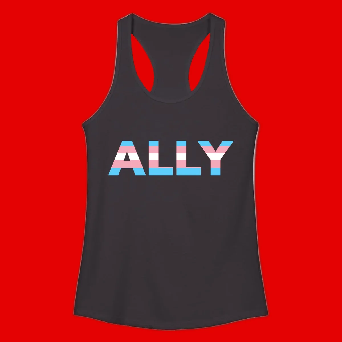 Trans pride flag colors in cyan, pink, and white horizontal stripes forming geometric letters spelling 'ALLY'