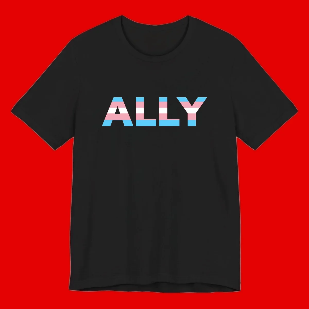 Trans pride flag colors in cyan, pink, and white horizontal stripes forming geometric letters spelling 'ALLY'