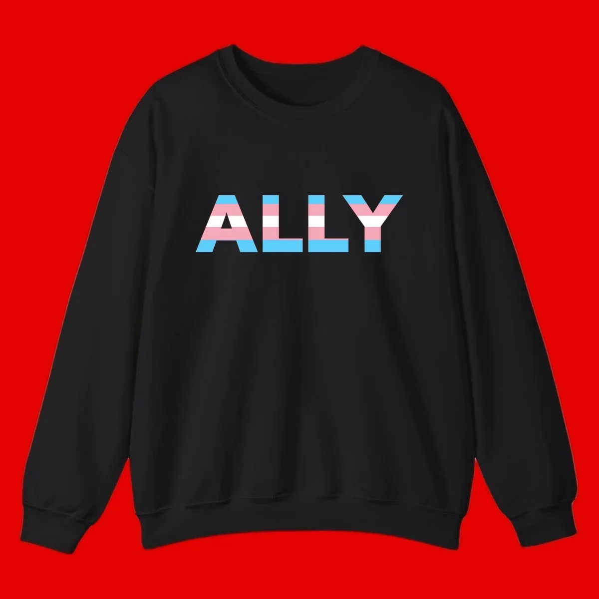 Trans pride flag colors in cyan, pink, and white horizontal stripes forming geometric letters spelling 'ALLY'