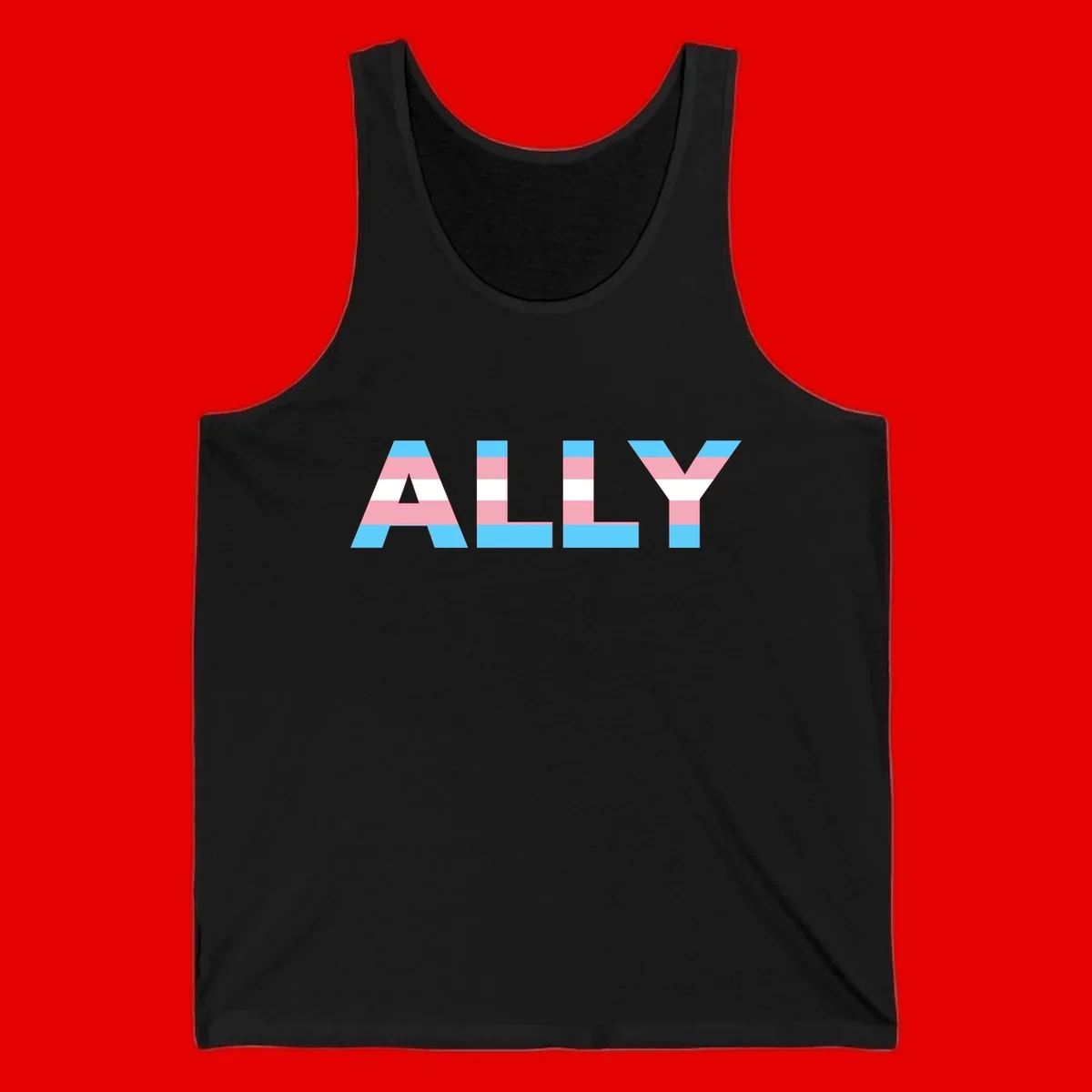 Trans pride flag colors in cyan, pink, and white horizontal stripes forming geometric letters spelling 'ALLY'