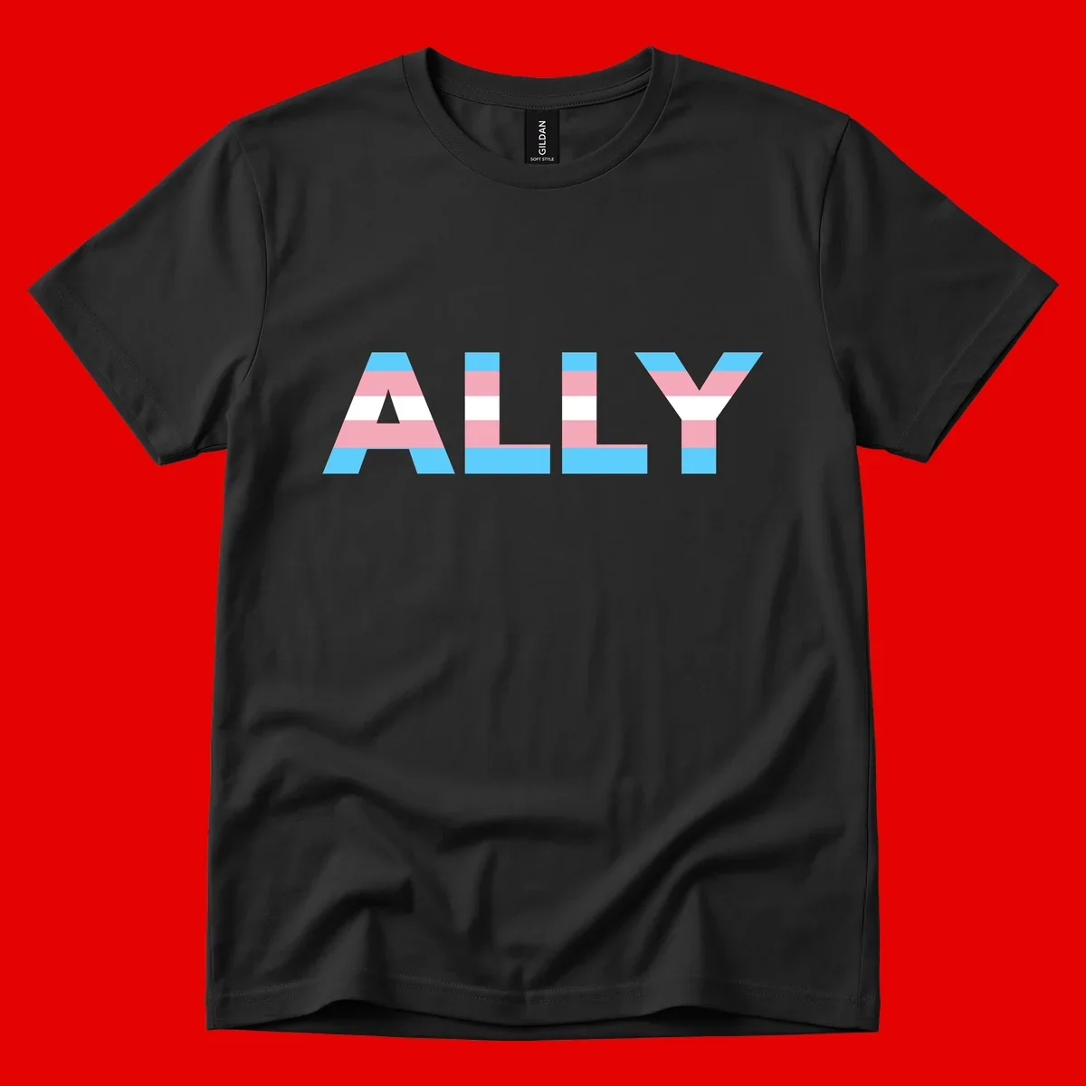 Trans pride flag colors in cyan, pink, and white horizontal stripes forming geometric letters spelling 'ALLY'