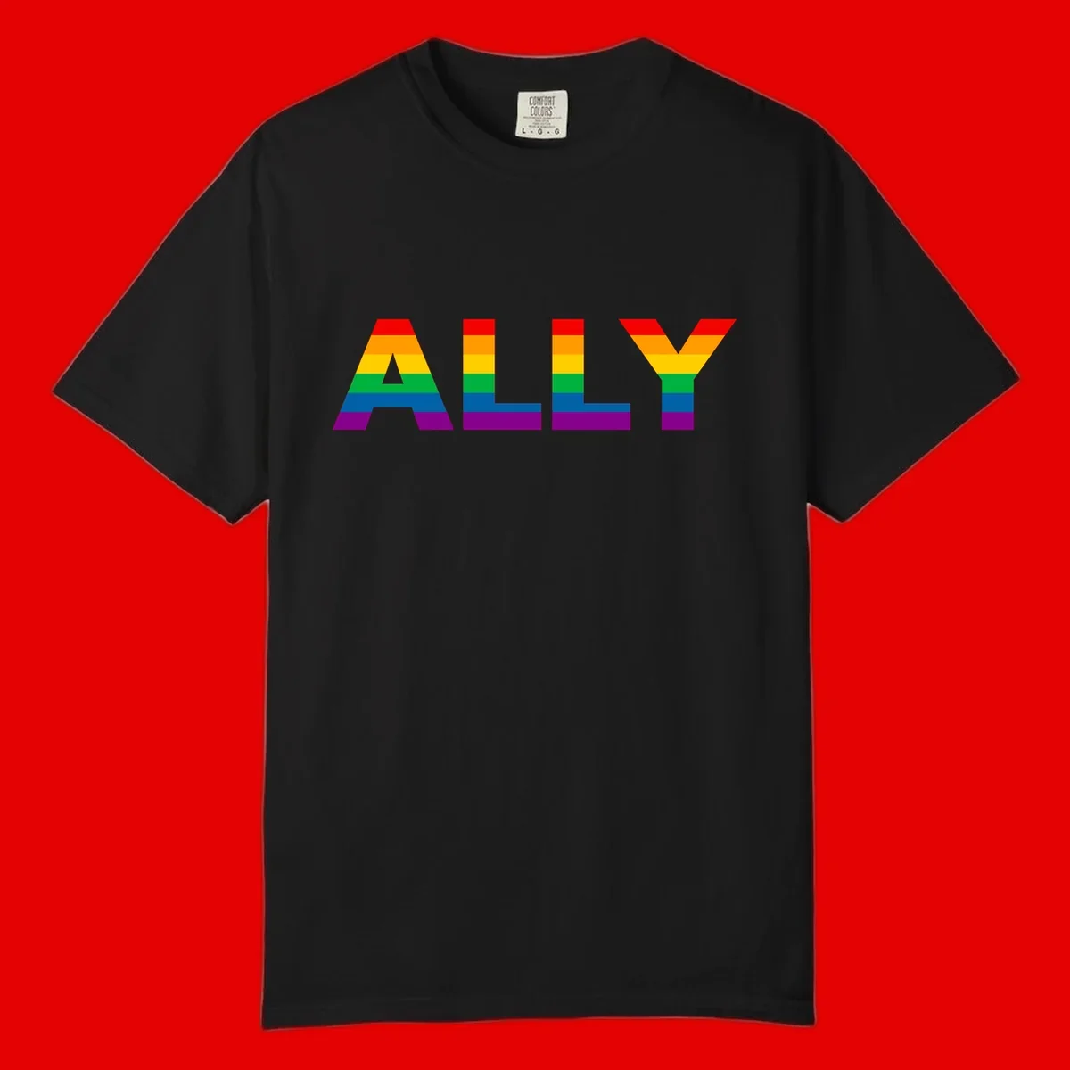 Rainbow-colored letters spelling ALLY with pride flag horizontal stripes in red, orange, yellow, green, blue, and purple
