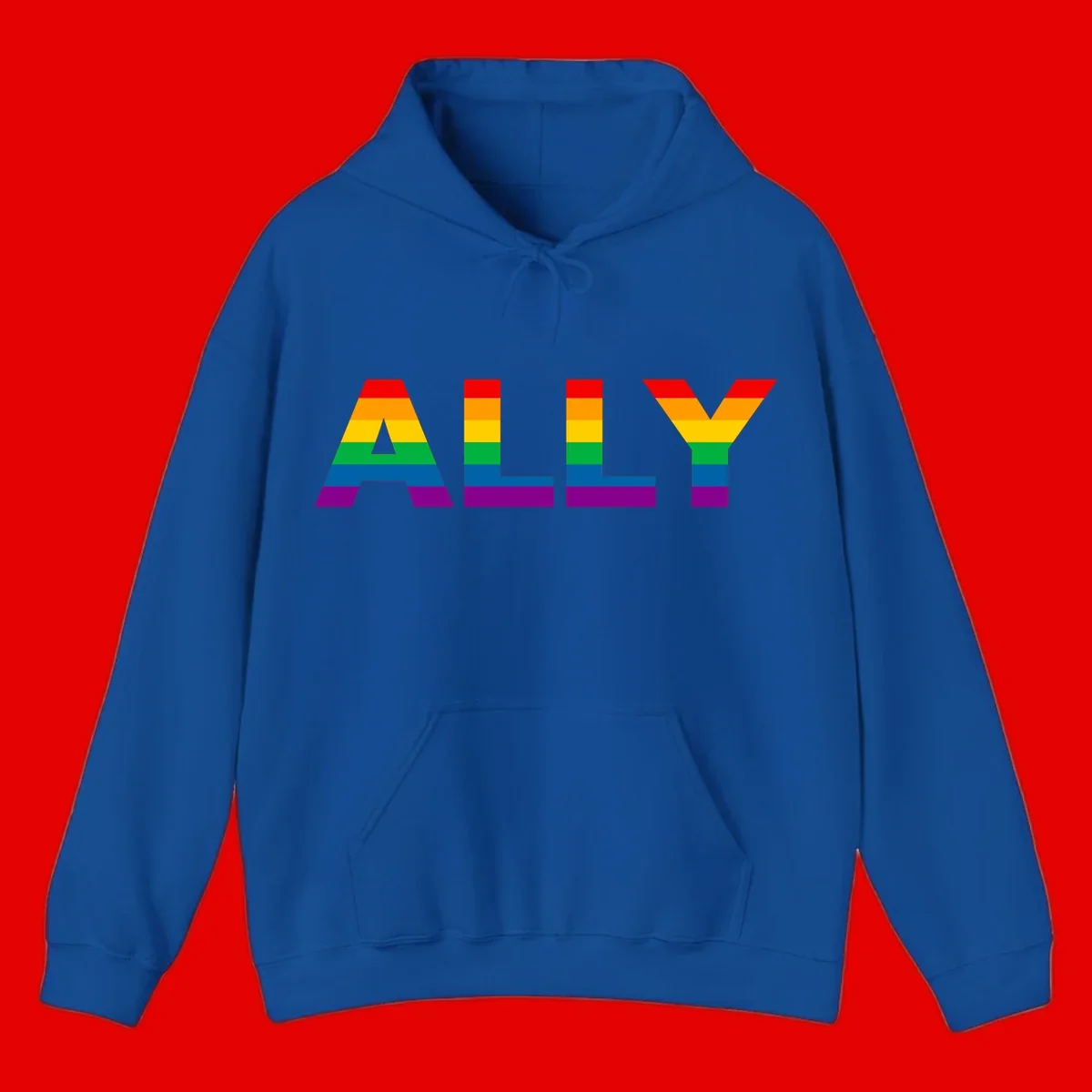 Rainbow-colored letters spelling ALLY with pride flag horizontal stripes in red, orange, yellow, green, blue, and purple