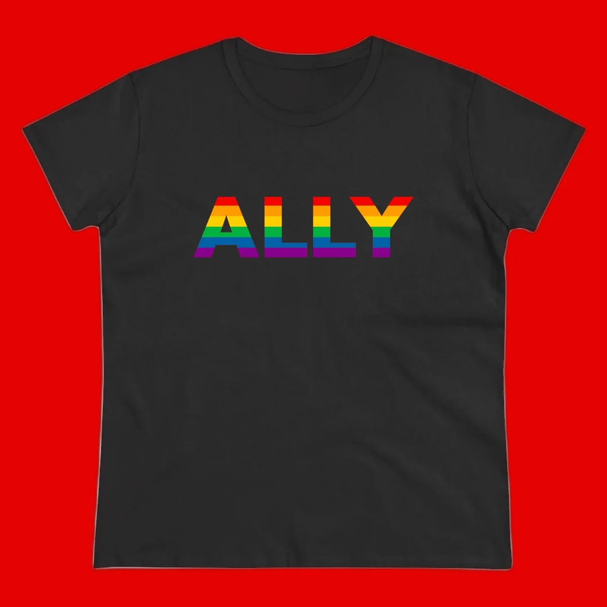 Rainbow-colored letters spelling ALLY with pride flag horizontal stripes in red, orange, yellow, green, blue, and purple