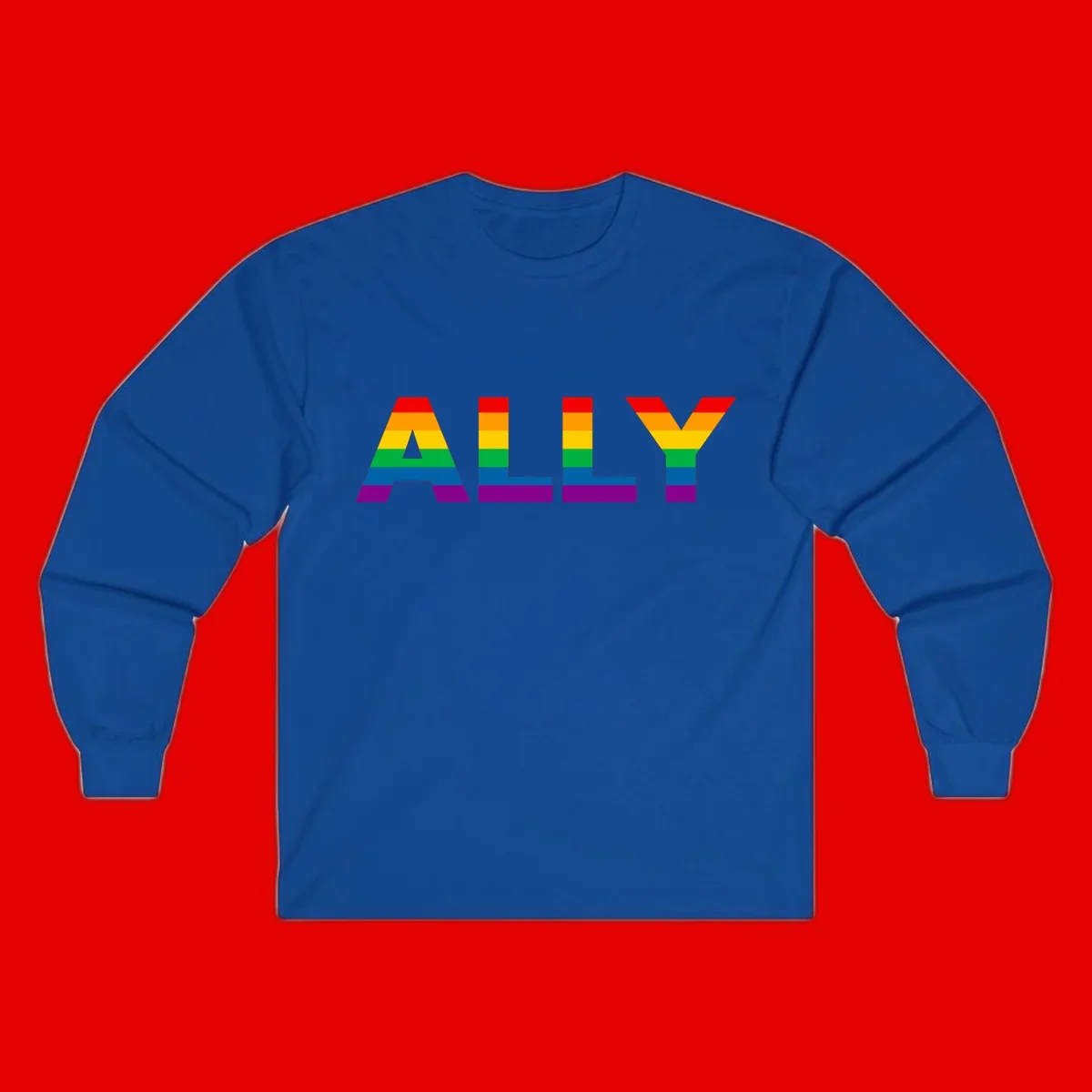 Rainbow-colored letters spelling ALLY with pride flag horizontal stripes in red, orange, yellow, green, blue, and purple