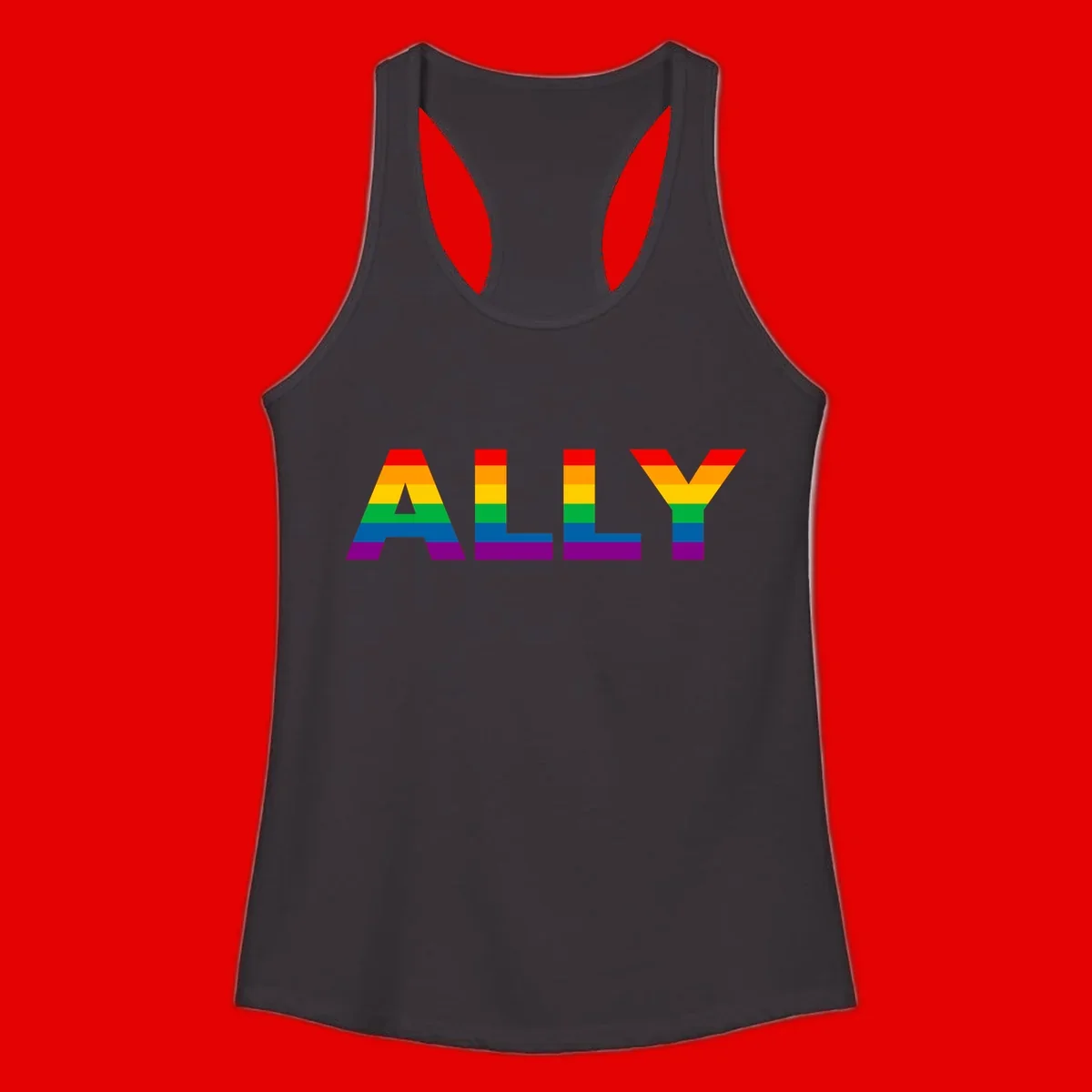 Rainbow-colored letters spelling ALLY with pride flag horizontal stripes in red, orange, yellow, green, blue, and purple