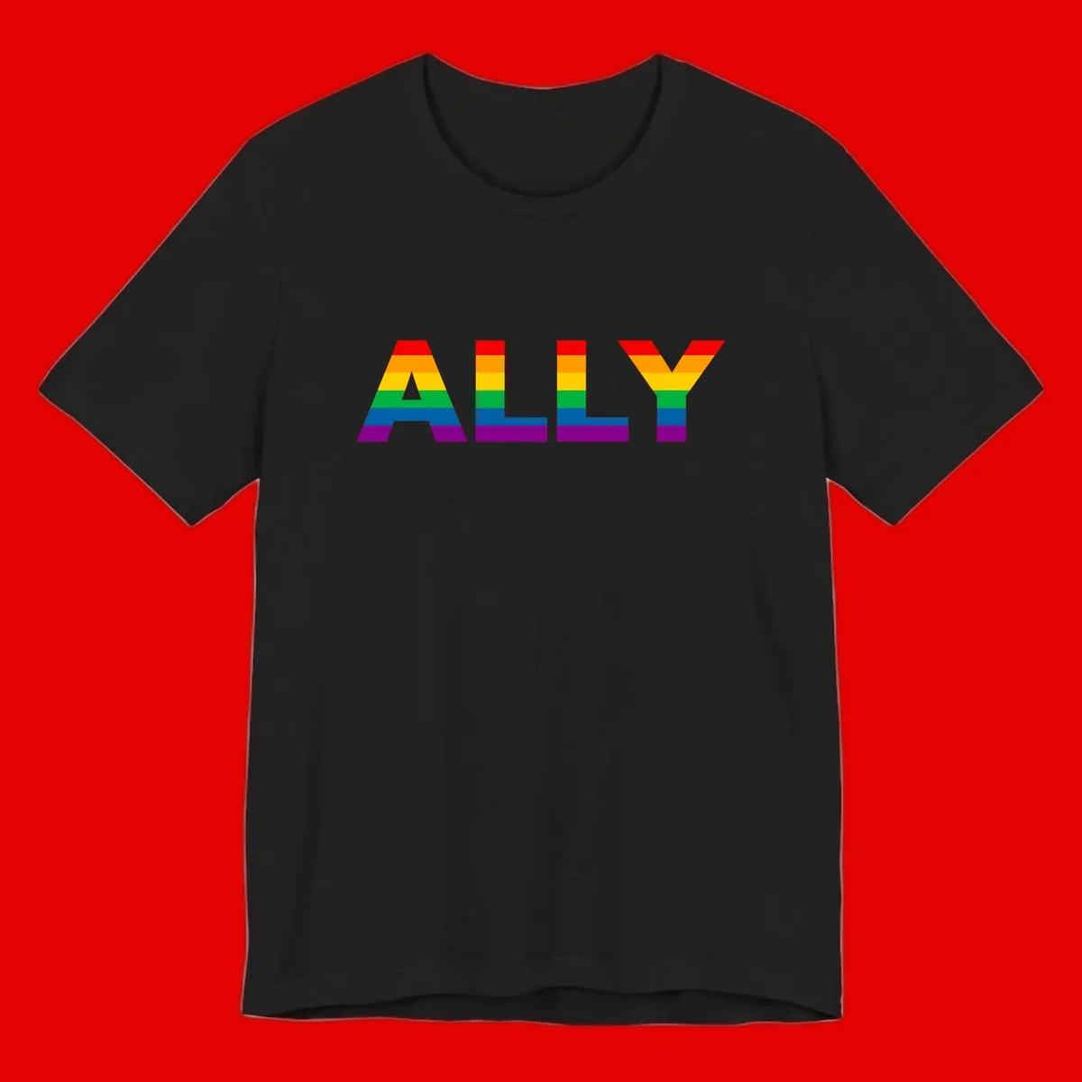 Rainbow-colored letters spelling ALLY with pride flag horizontal stripes in red, orange, yellow, green, blue, and purple