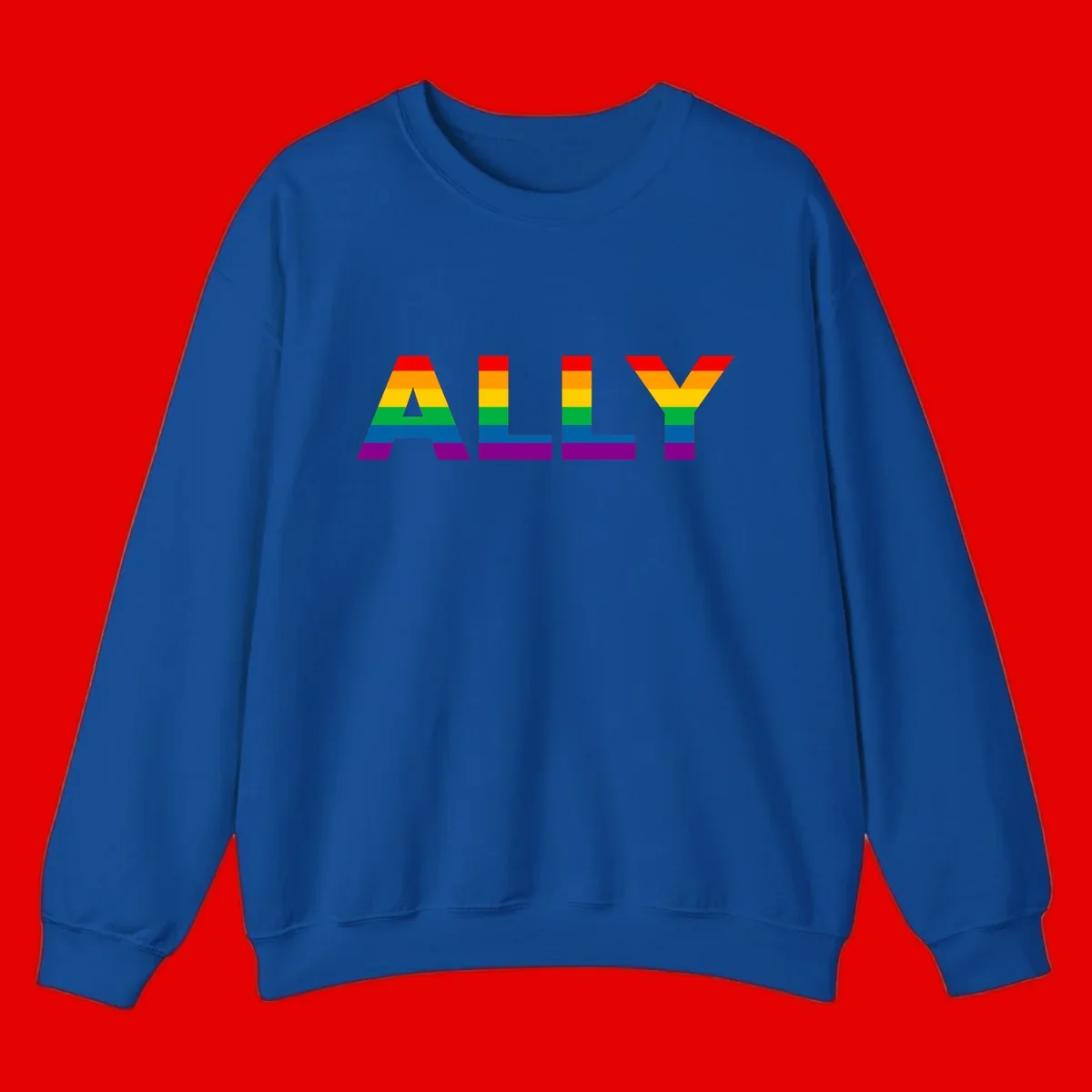 Rainbow-colored letters spelling ALLY with pride flag horizontal stripes in red, orange, yellow, green, blue, and purple