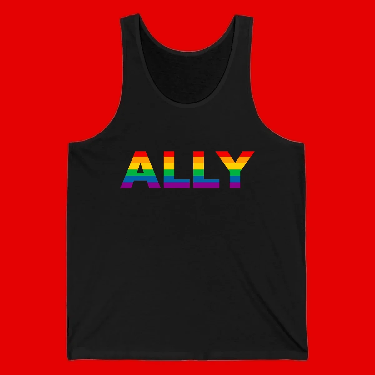 Rainbow-colored letters spelling ALLY with pride flag horizontal stripes in red, orange, yellow, green, blue, and purple