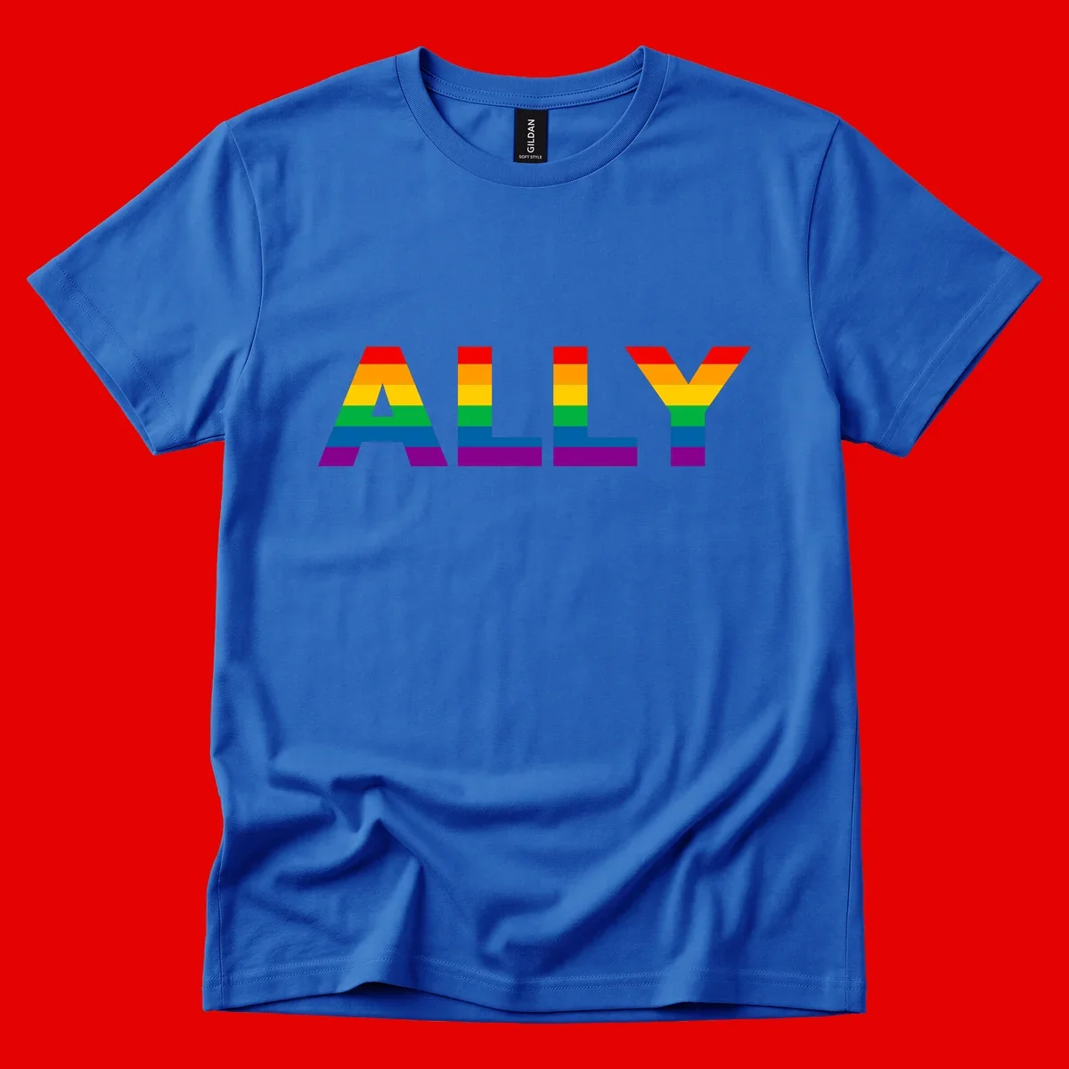 Rainbow-colored letters spelling ALLY with pride flag horizontal stripes in red, orange, yellow, green, blue, and purple