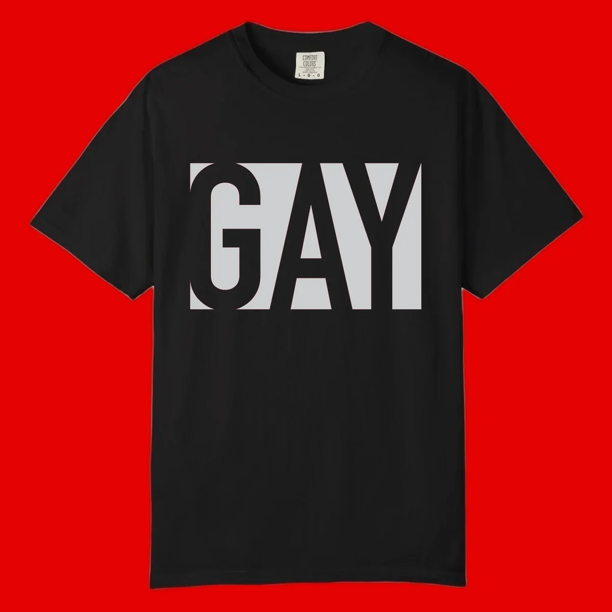 Bold gray and white typography design with the word 'GAY' in large, thick sans-serif letters on a light background