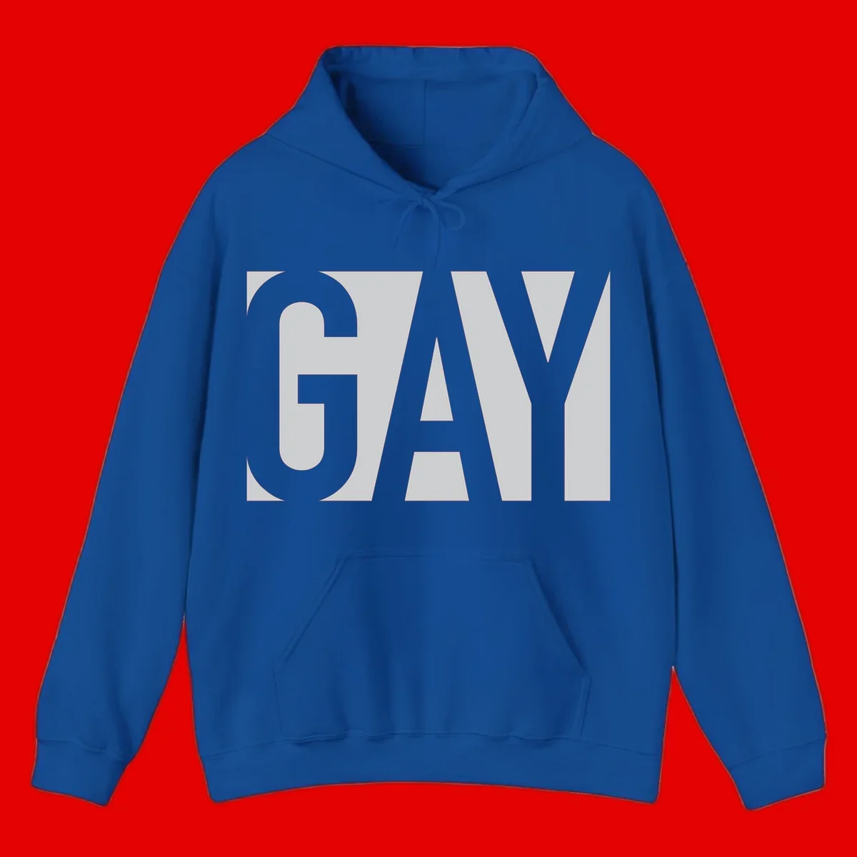 Bold gray and white typography design with the word 'GAY' in large, thick sans-serif letters on a light background