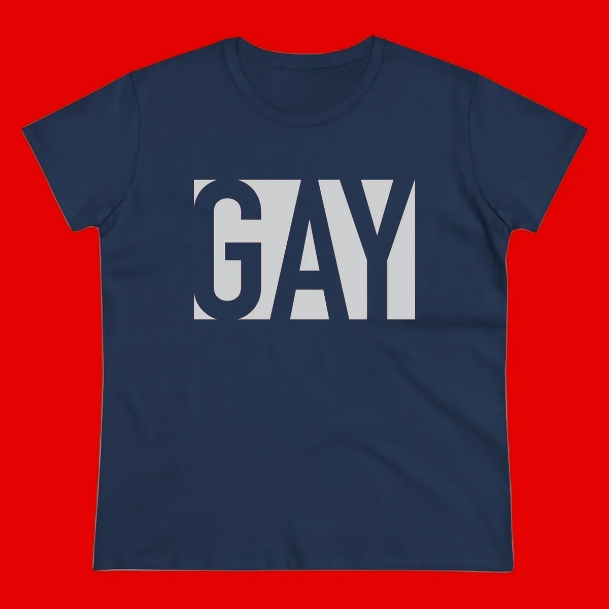 Bold gray and white typography design with the word 'GAY' in large, thick sans-serif letters on a light background