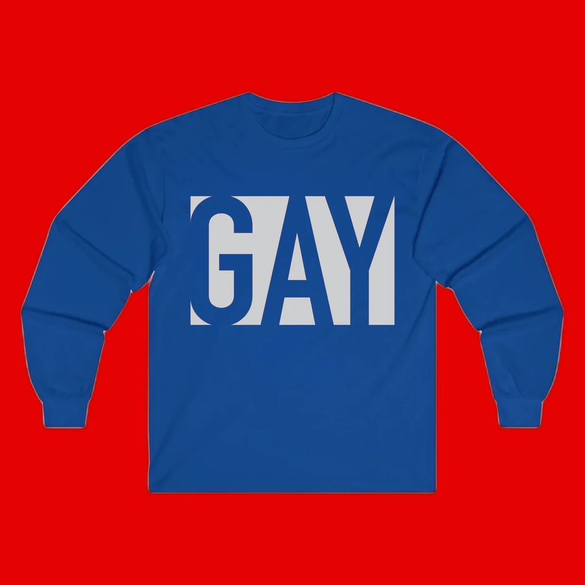 Bold gray and white typography design with the word 'GAY' in large, thick sans-serif letters on a light background