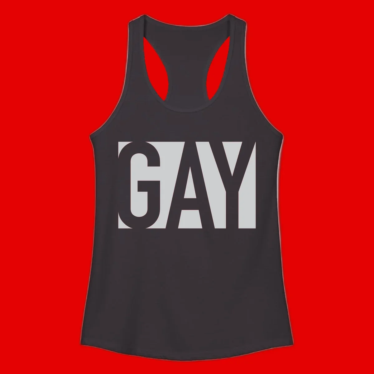 Bold gray and white typography design with the word 'GAY' in large, thick sans-serif letters on a light background