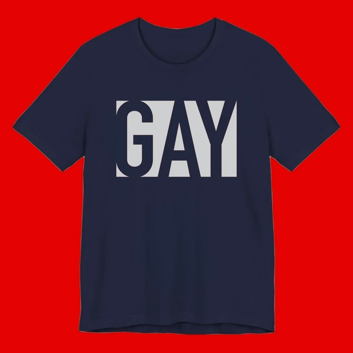 Bold gray and white typography design with the word 'GAY' in large, thick sans-serif letters on a light background