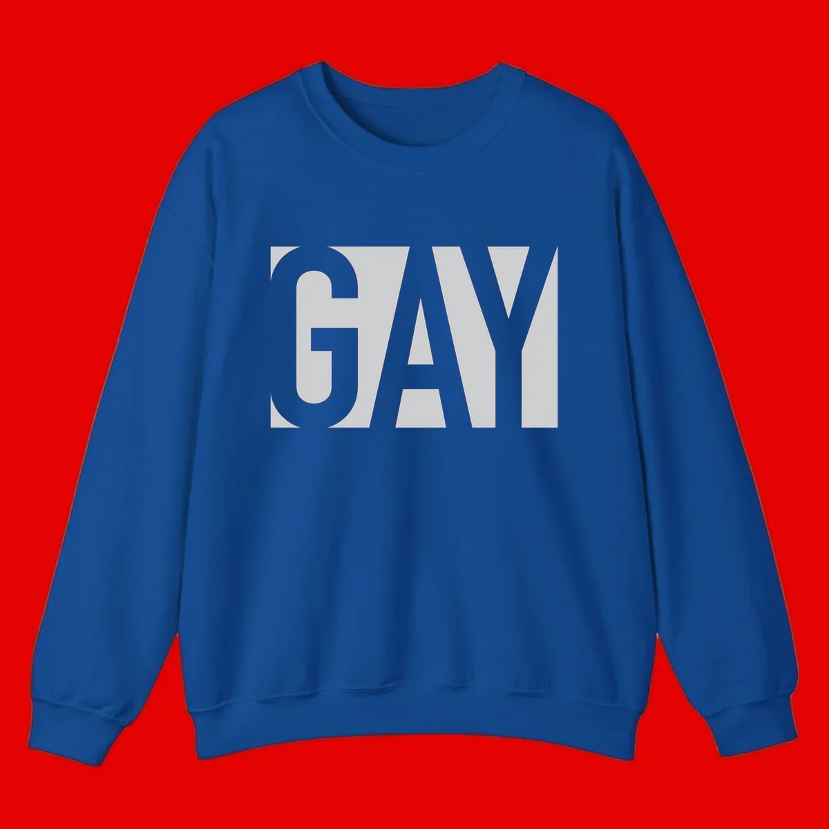 Bold gray and white typography design with the word 'GAY' in large, thick sans-serif letters on a light background