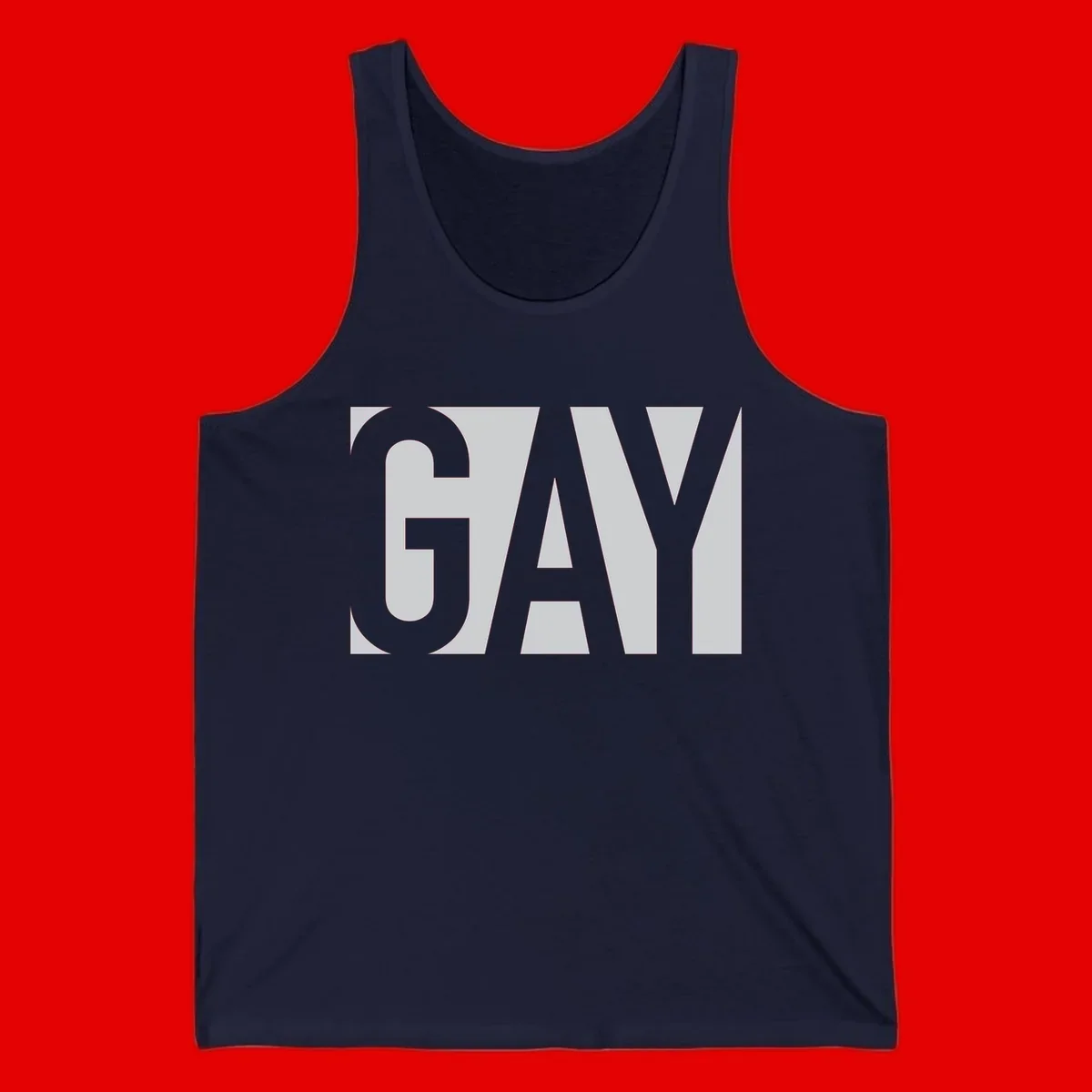 Bold gray and white typography design with the word 'GAY' in large, thick sans-serif letters on a light background