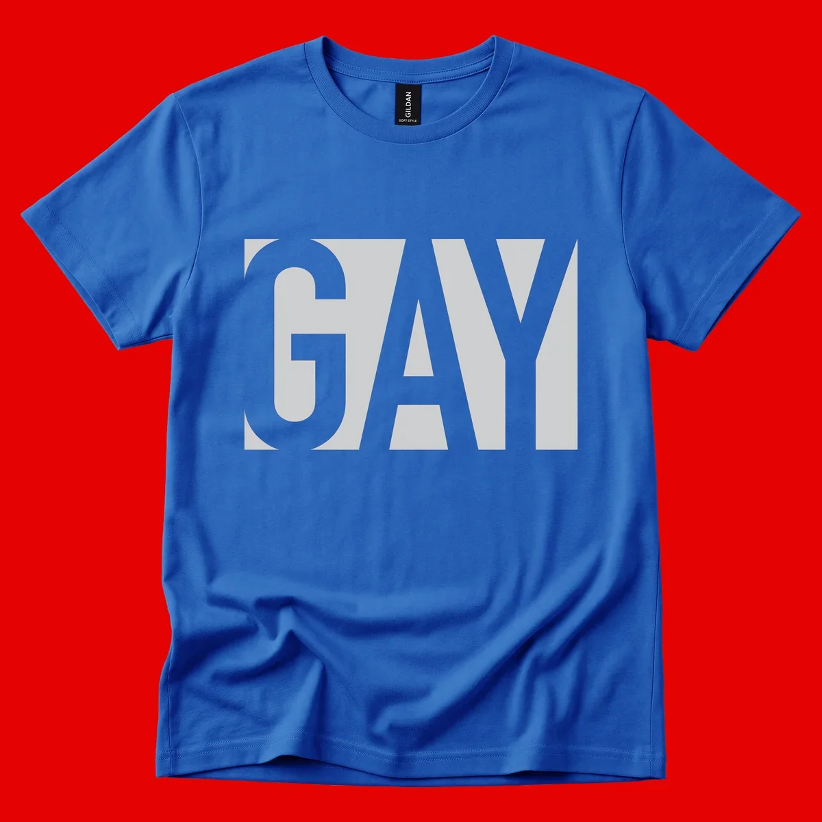 Bold gray and white typography design with the word 'GAY' in large, thick sans-serif letters on a light background