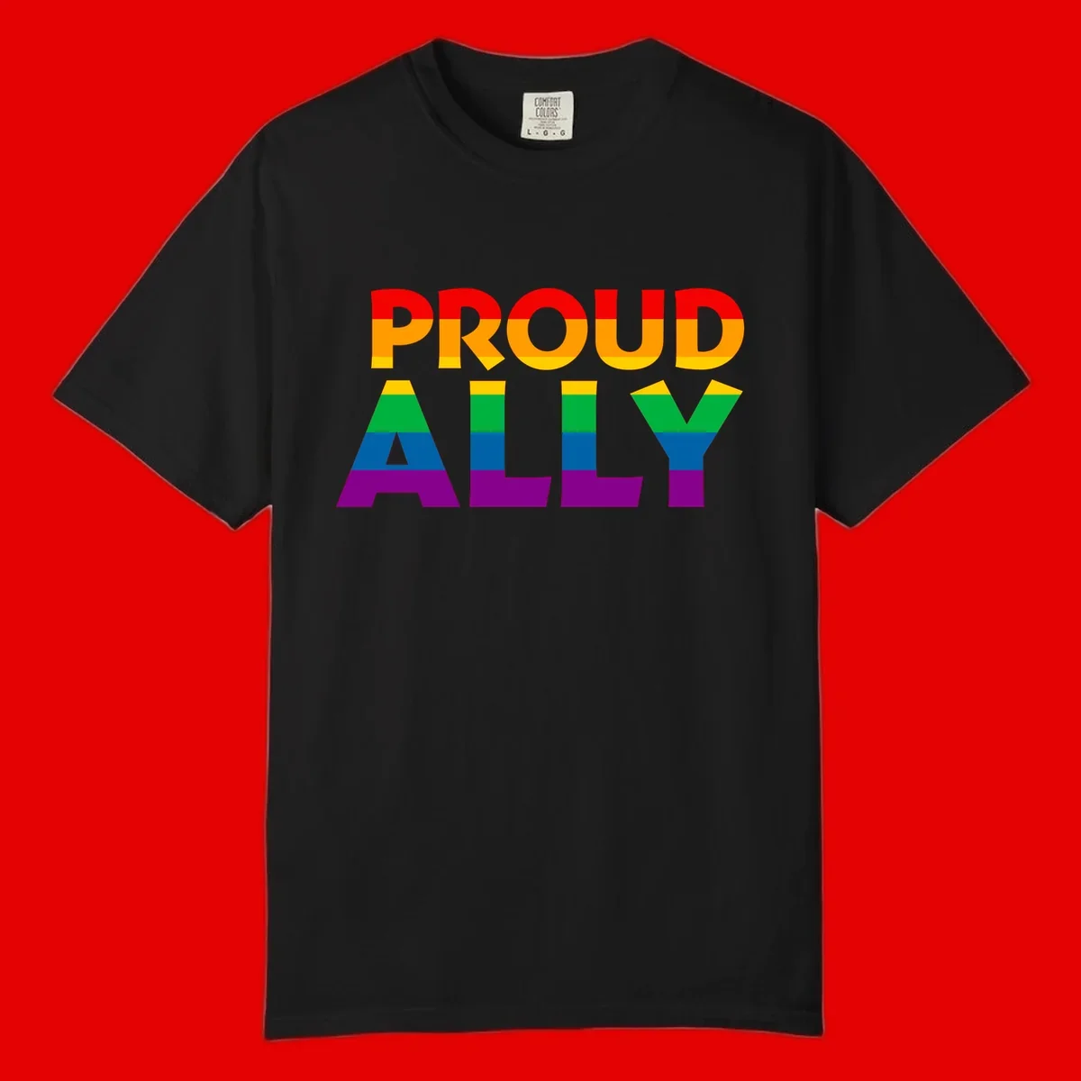 Proud Ally design with rainbow-striped letters in pride flag colors on gray background