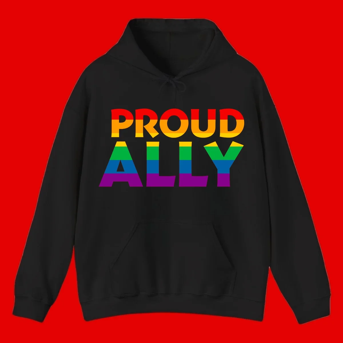 Proud Ally design with rainbow-striped letters in pride flag colors on gray background