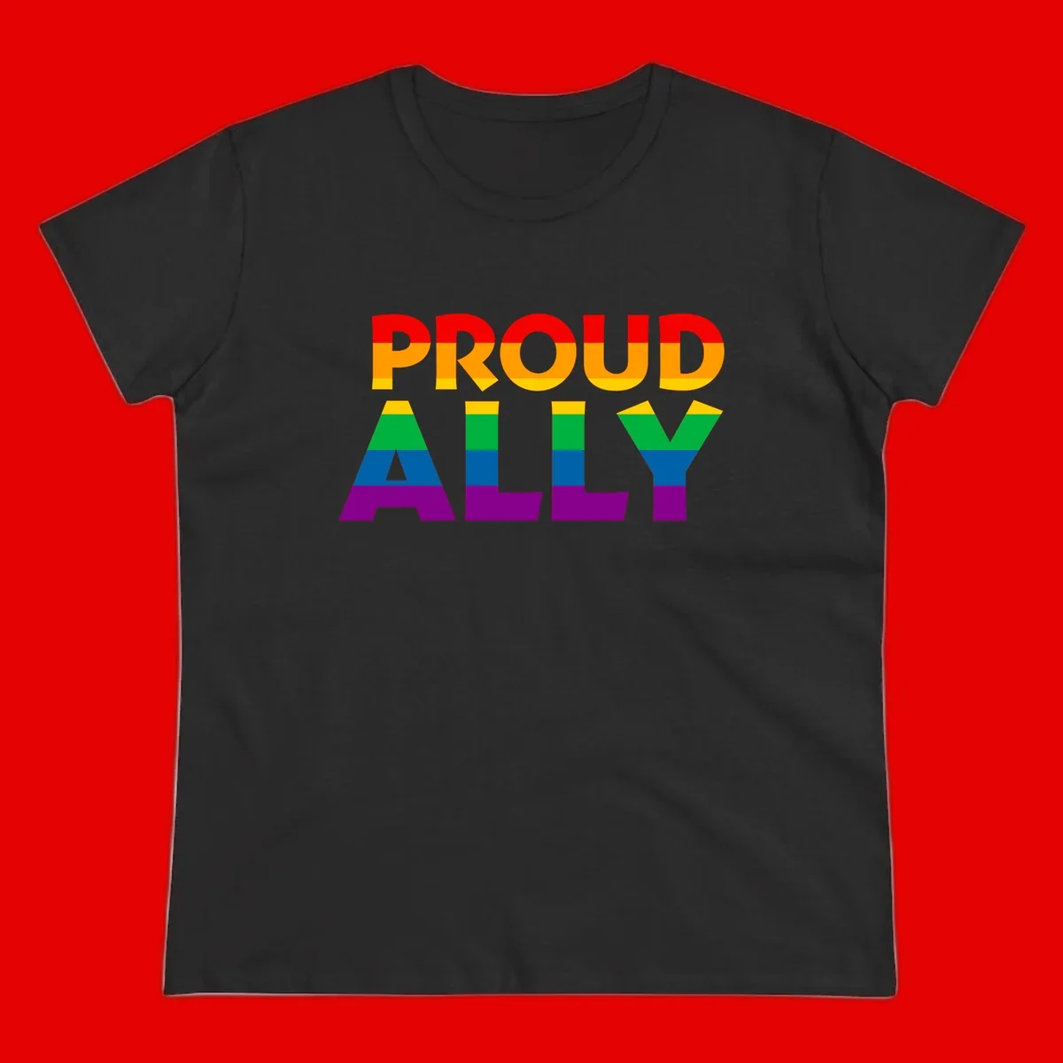 Proud Ally design with rainbow-striped letters in pride flag colors on gray background