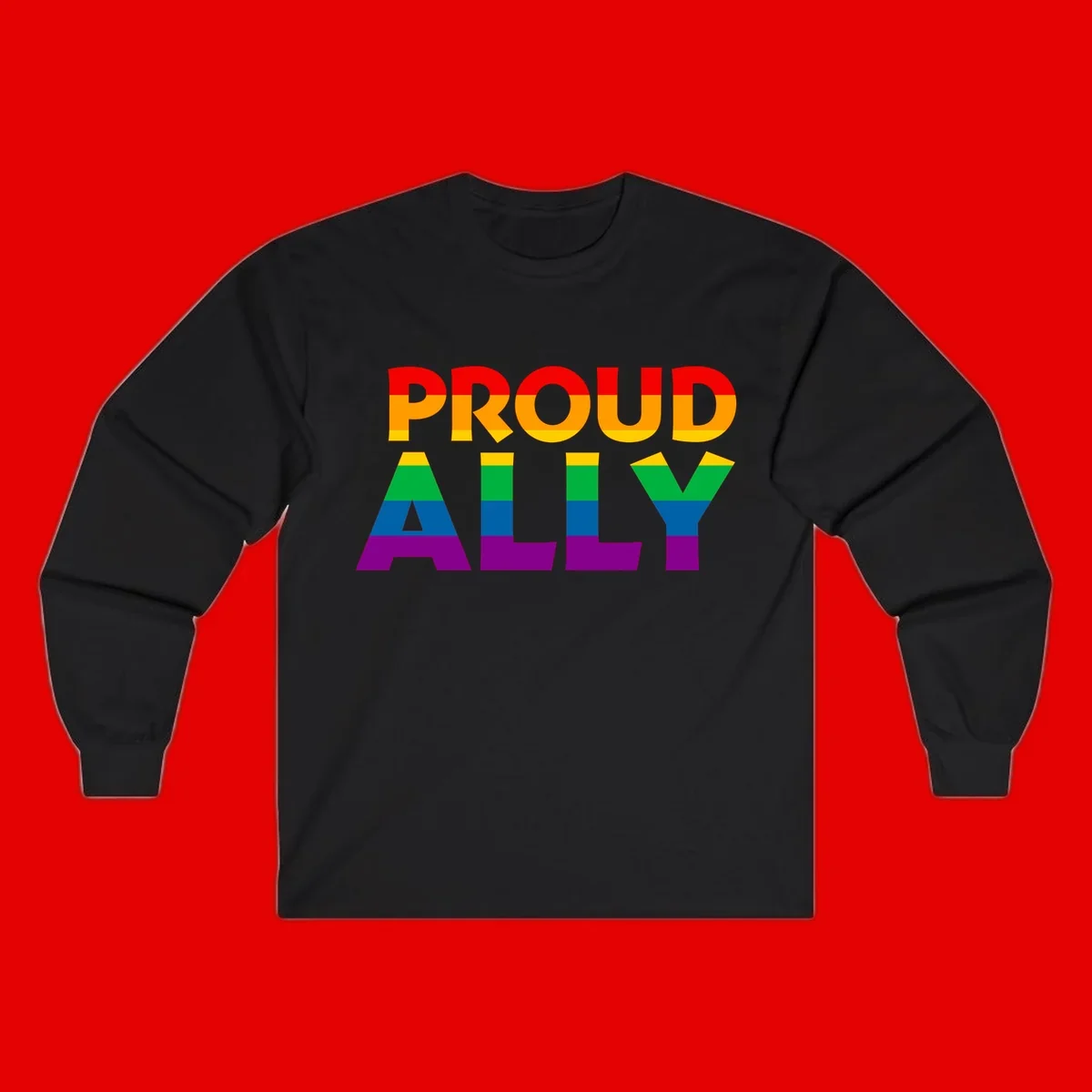 Proud Ally design with rainbow-striped letters in pride flag colors on gray background