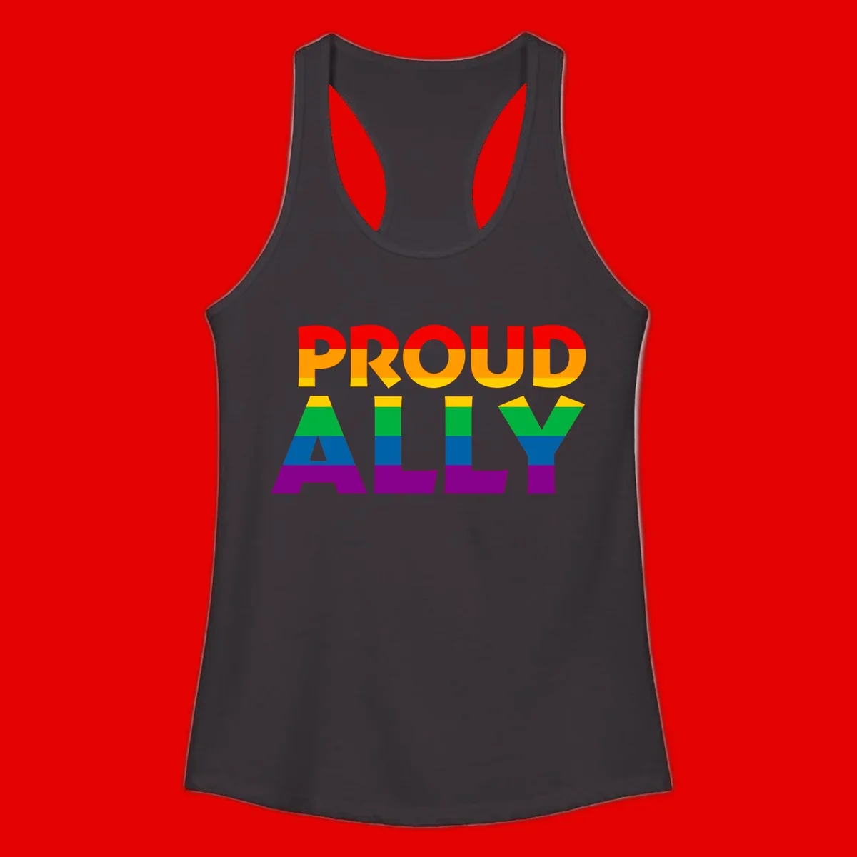 Proud Ally design with rainbow-striped letters in pride flag colors on gray background