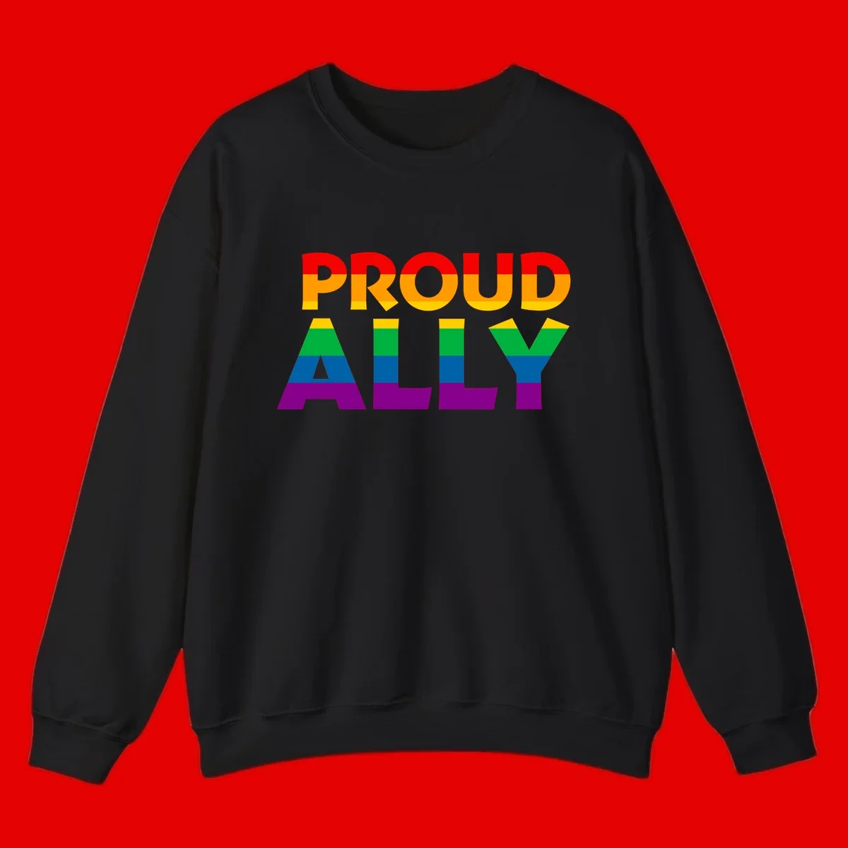 Proud Ally design with rainbow-striped letters in pride flag colors on gray background