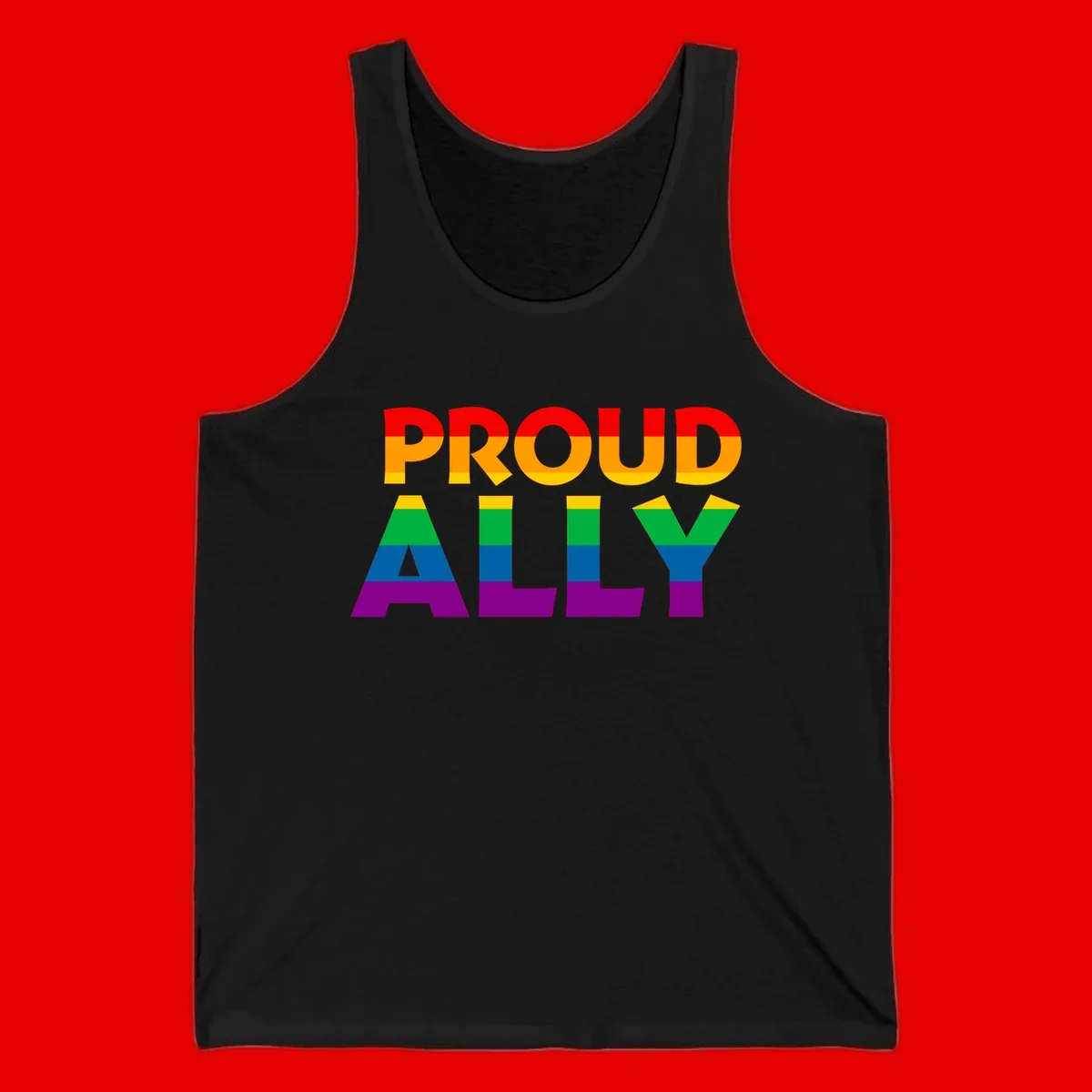 Proud Ally design with rainbow-striped letters in pride flag colors on gray background