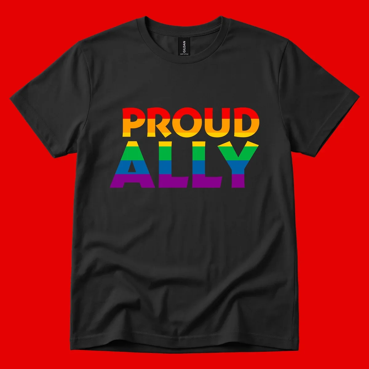 Proud Ally design with rainbow-striped letters in pride flag colors on gray background