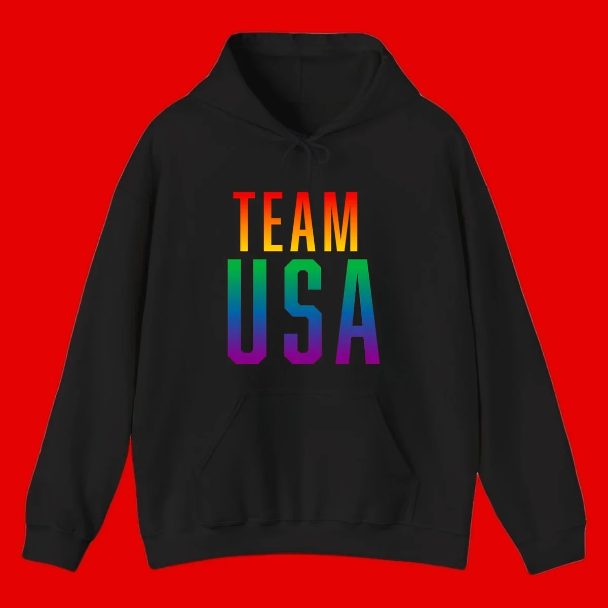 Team USA rainbow pride design with bold text gradient from red to purple representing LGBTQ+ flag colors
