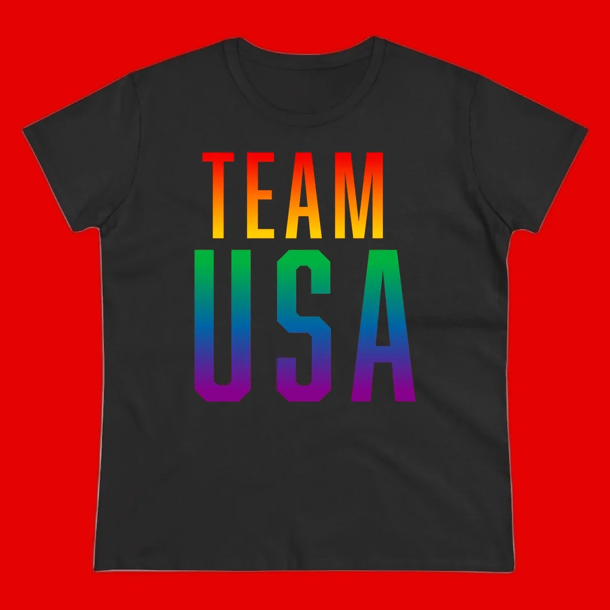 Team USA rainbow pride design with bold text gradient from red to purple representing LGBTQ+ flag colors