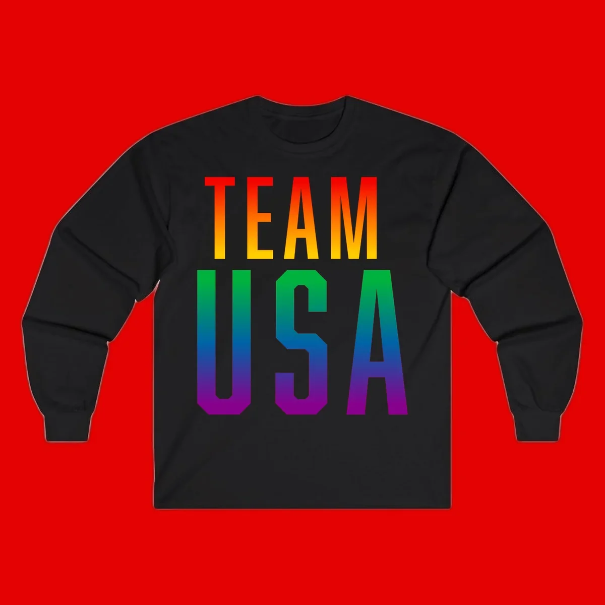 Team USA rainbow pride design with bold text gradient from red to purple representing LGBTQ+ flag colors