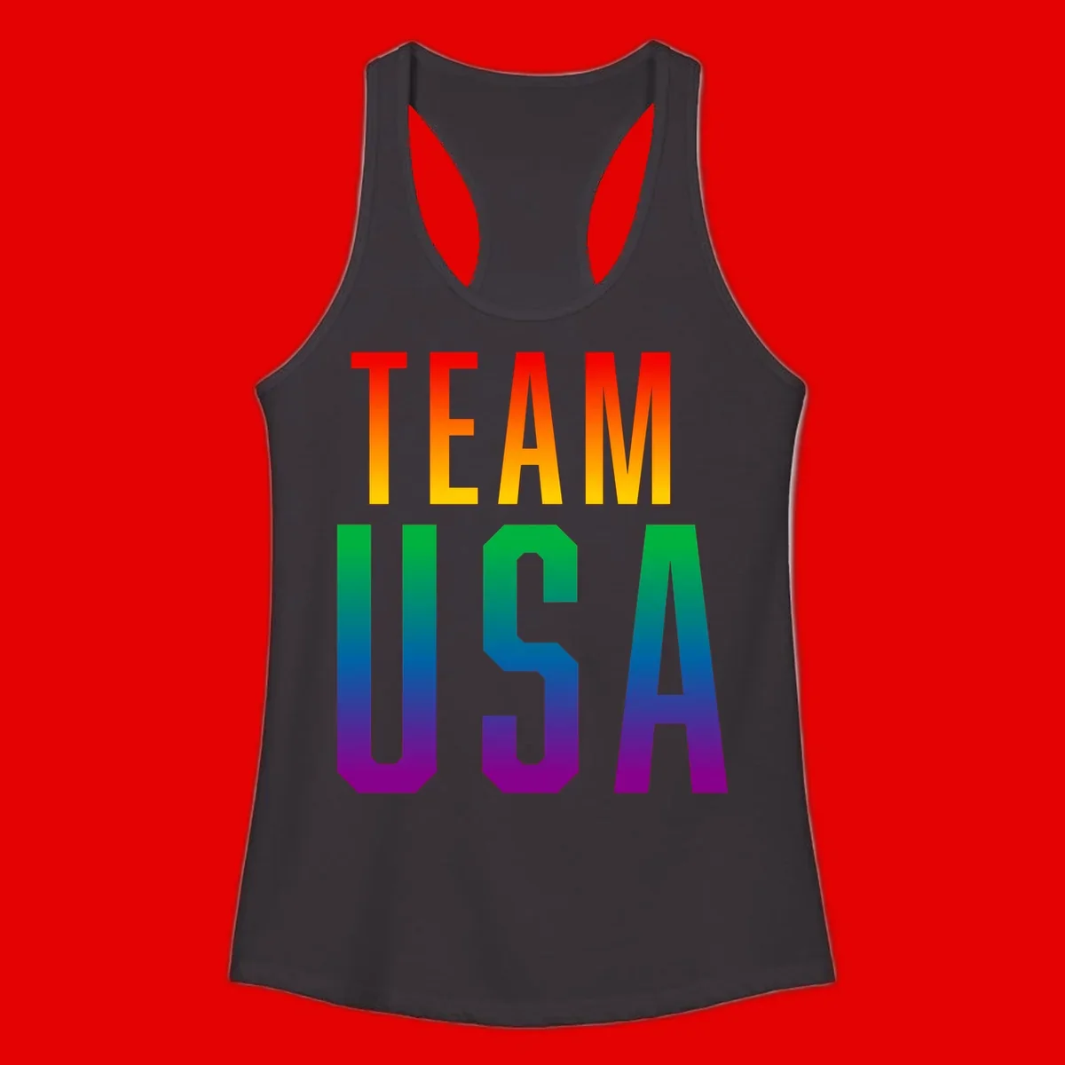Team USA rainbow pride design with bold text gradient from red to purple representing LGBTQ+ flag colors