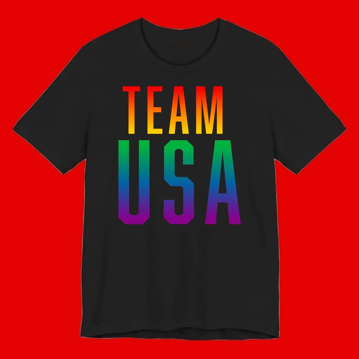 Team USA rainbow pride design with bold text gradient from red to purple representing LGBTQ+ flag colors