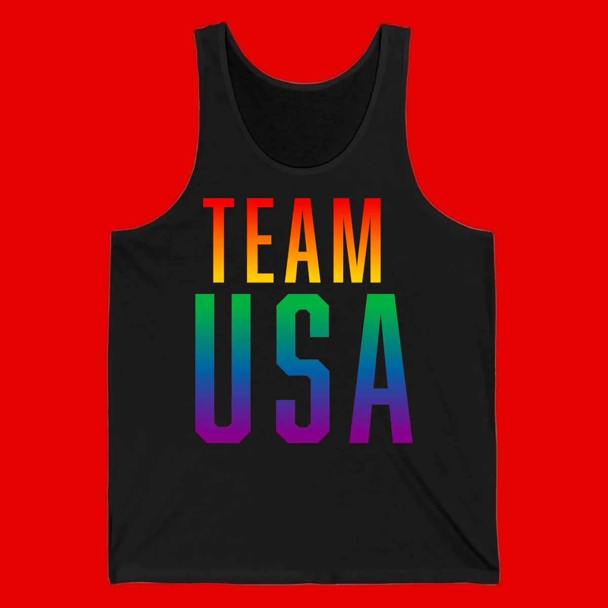 Team USA rainbow pride design with bold text gradient from red to purple representing LGBTQ+ flag colors