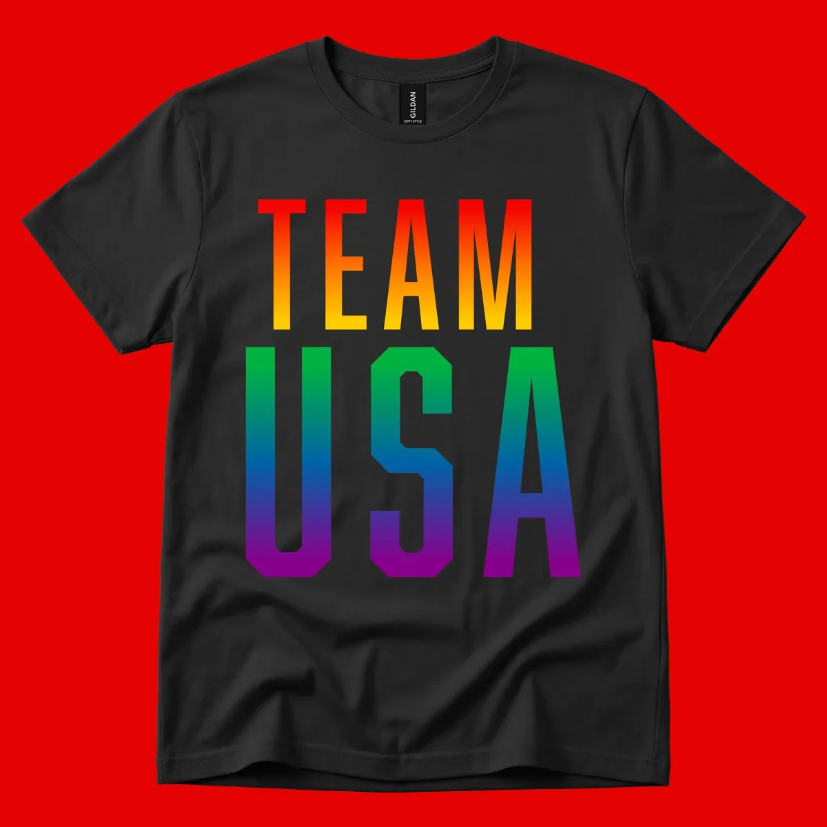 Team USA rainbow pride design with bold text gradient from red to purple representing LGBTQ+ flag colors