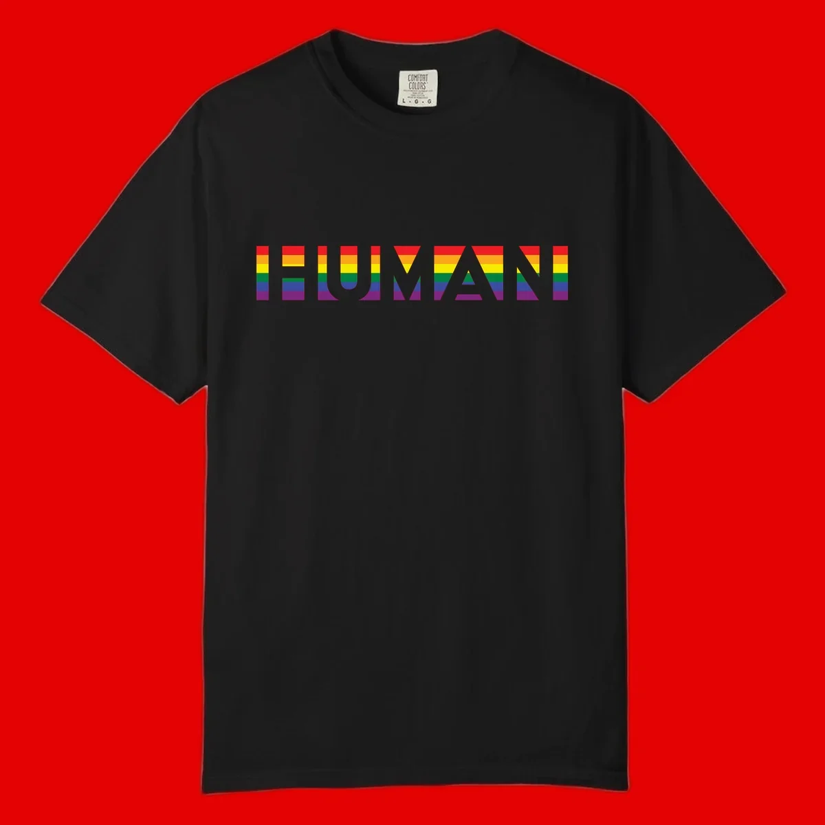 Rainbow pride letters in red, orange, yellow, green, blue, and purple stripes on gray background