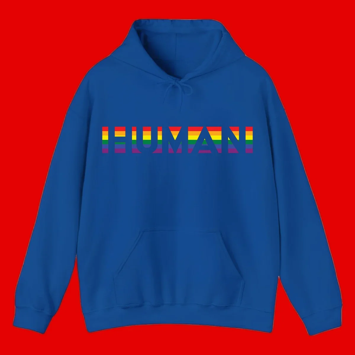 Rainbow pride letters in red, orange, yellow, green, blue, and purple stripes on gray background