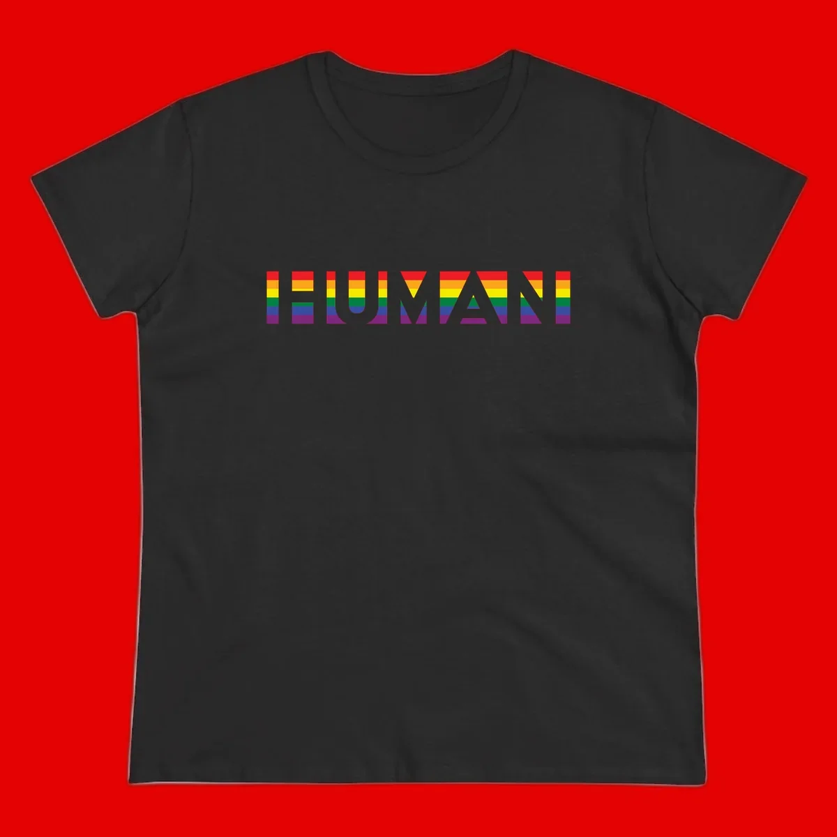 Rainbow pride letters in red, orange, yellow, green, blue, and purple stripes on gray background