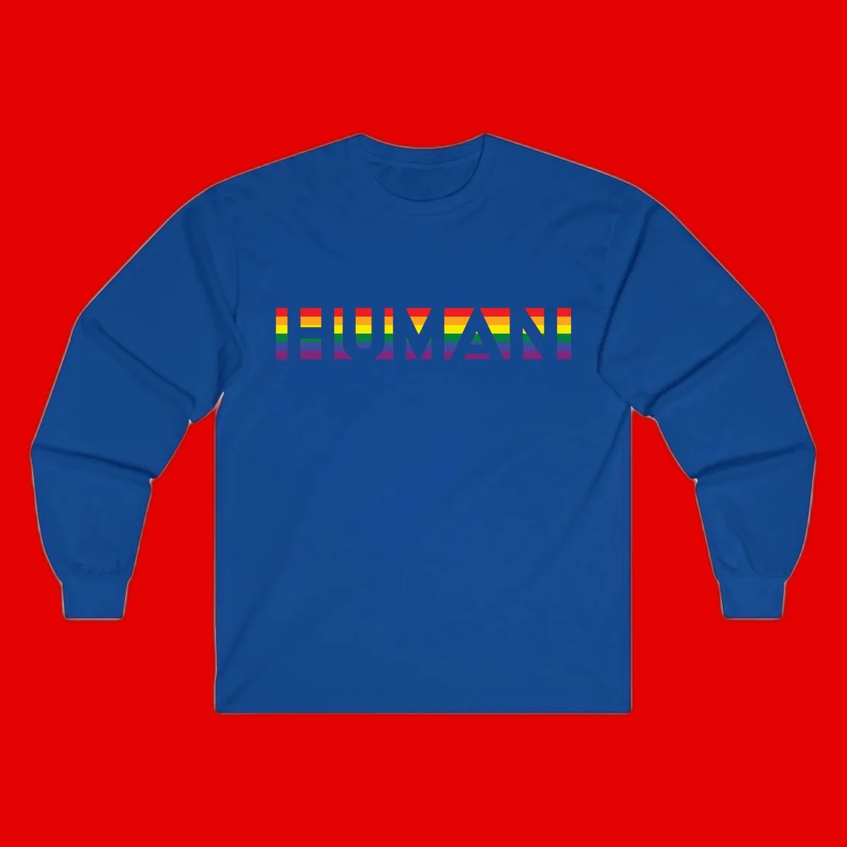 Rainbow pride letters in red, orange, yellow, green, blue, and purple stripes on gray background