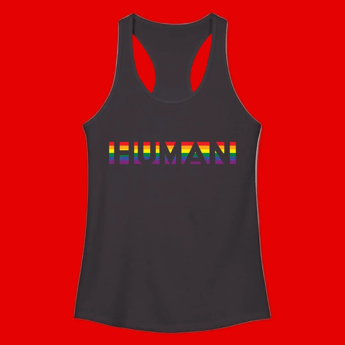 Rainbow pride letters in red, orange, yellow, green, blue, and purple stripes on gray background