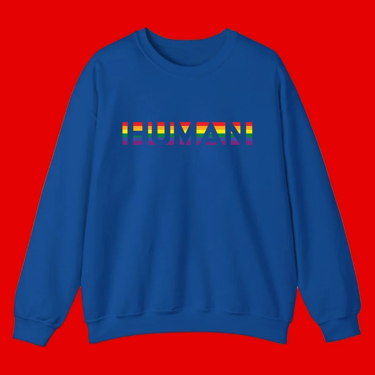 Rainbow pride letters in red, orange, yellow, green, blue, and purple stripes on gray background