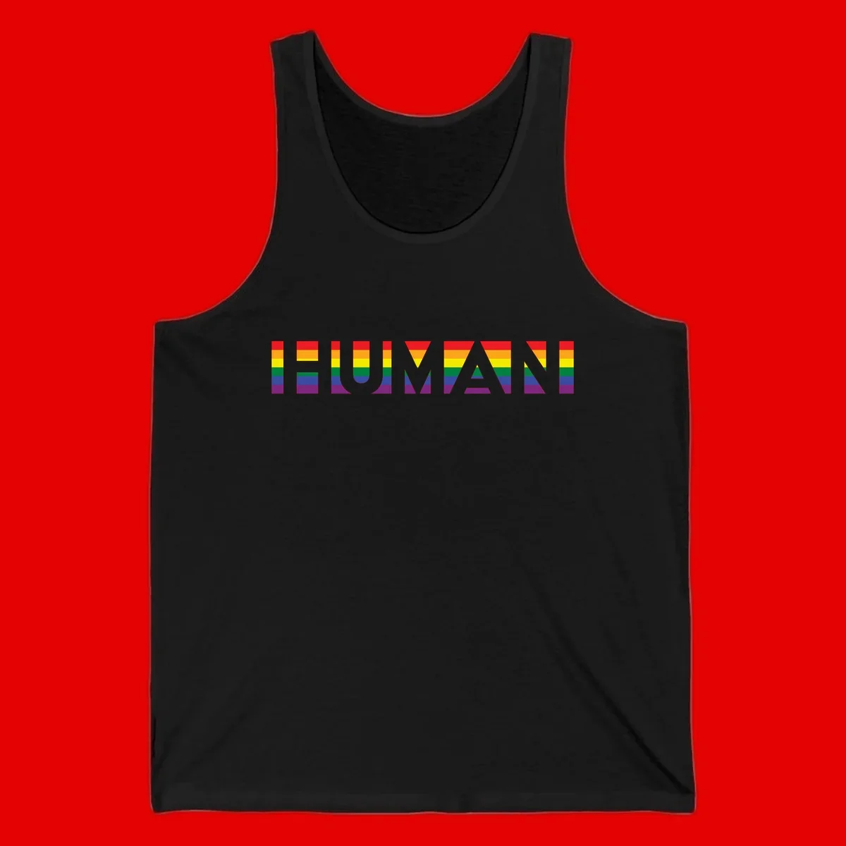 Rainbow pride letters in red, orange, yellow, green, blue, and purple stripes on gray background